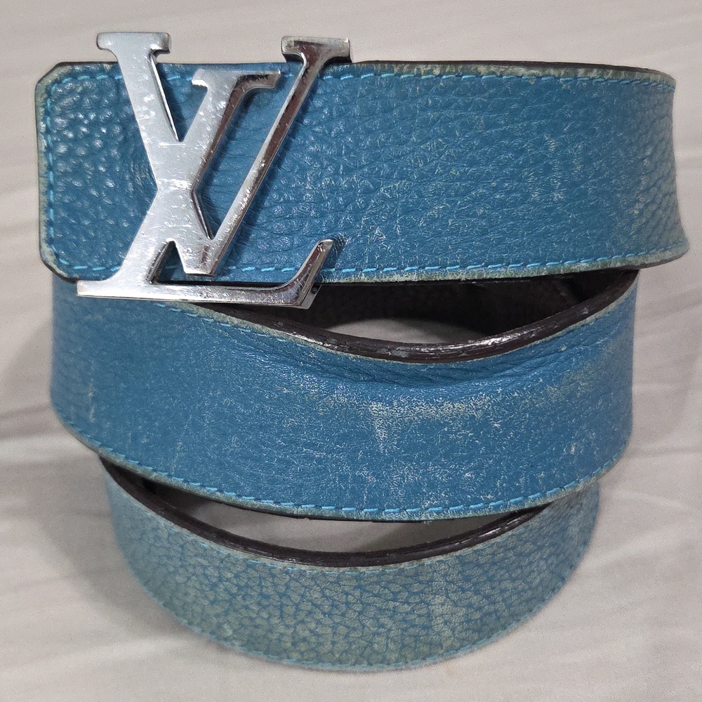 Louis Vuitton Blue Taurillon Belt Silver LV Buckle